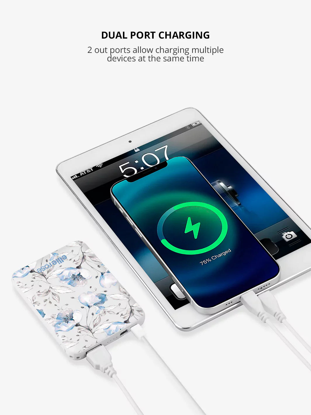 Blue Floral Power Bank 5000mah (USB-A + USB-C Ports)