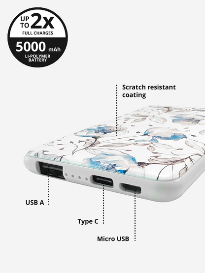 Blue Floral Power Bank 5000mah (USB-A + USB-C Ports)